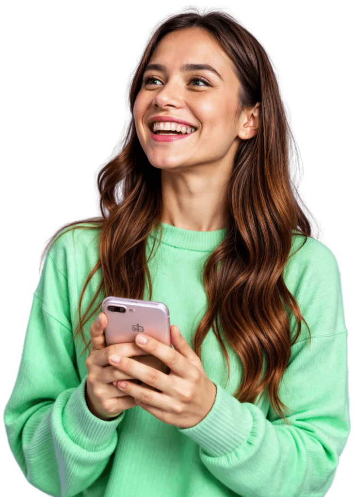 Happy woman with phone representing successful sales coaching